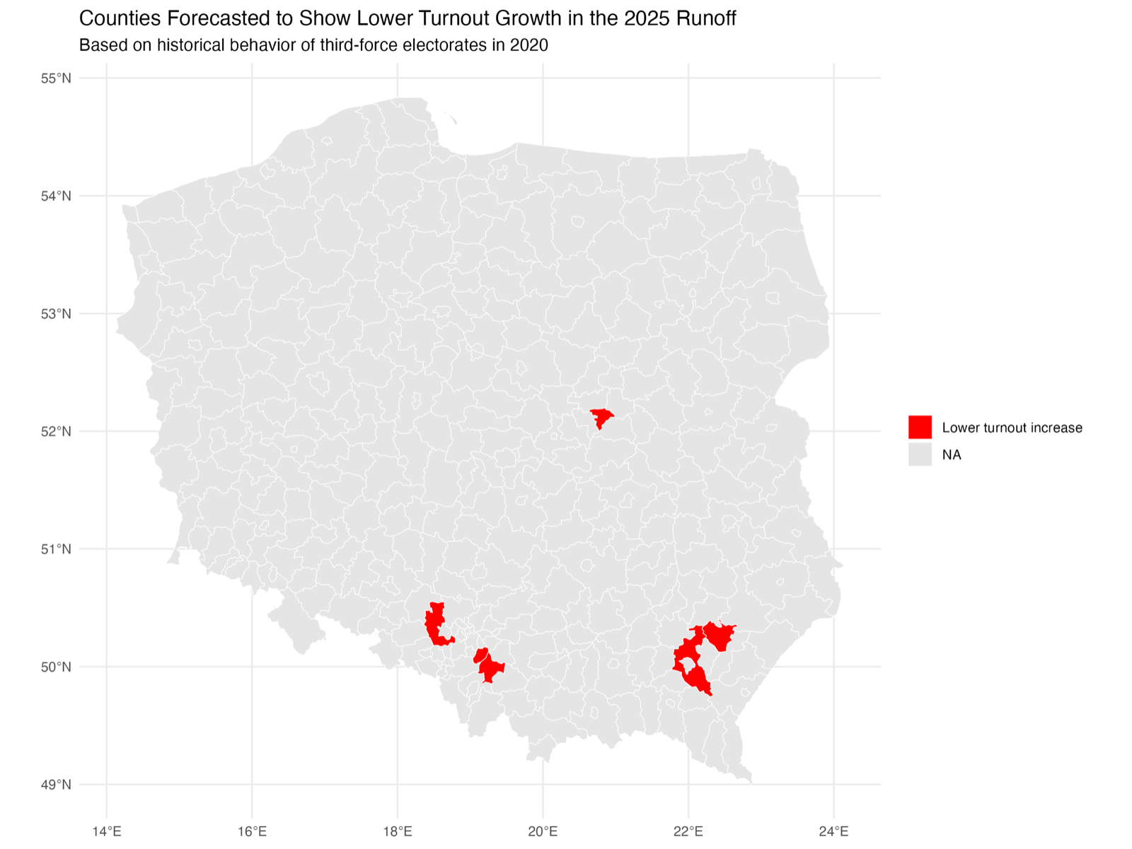 Forecast map - counties at risk of lower turnout growth in 2025
