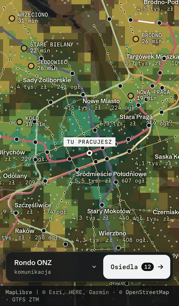 Dojazdomat na telefonie: mapa na całym ekranie z nazwami osiedli, czasem dojazdu i dolnym paskiem z biurem Rondo ONZ oraz przyciskiem „Osiedla”