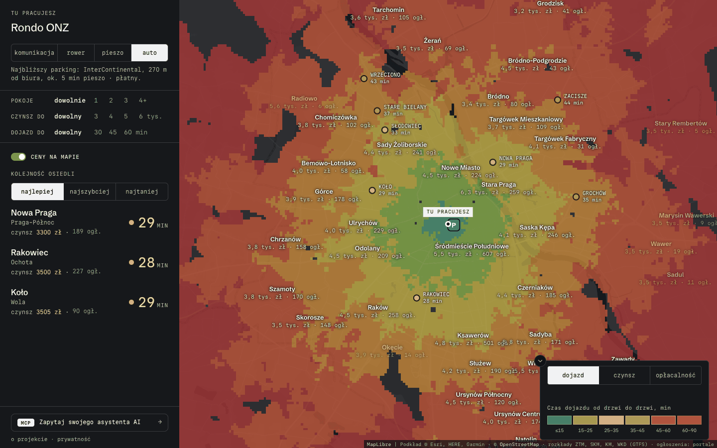 Mapa czasu dojazdu autem z Ronda ONZ: mała zielona plama w centrum, reszta miasta żółta, pomarańczowa i czerwona