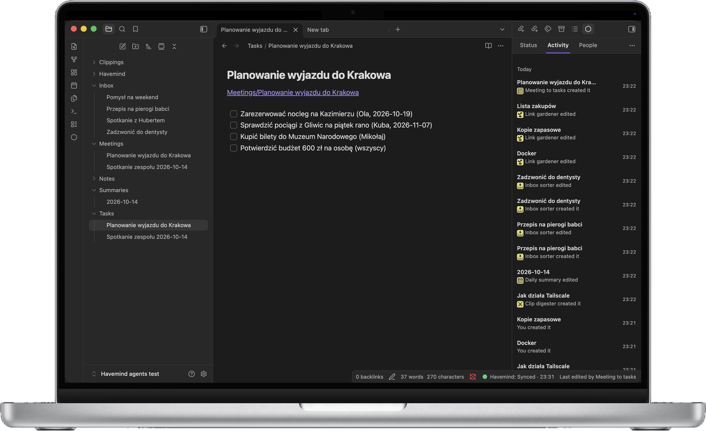 Havemind Activity tab with edits by people and AI agents