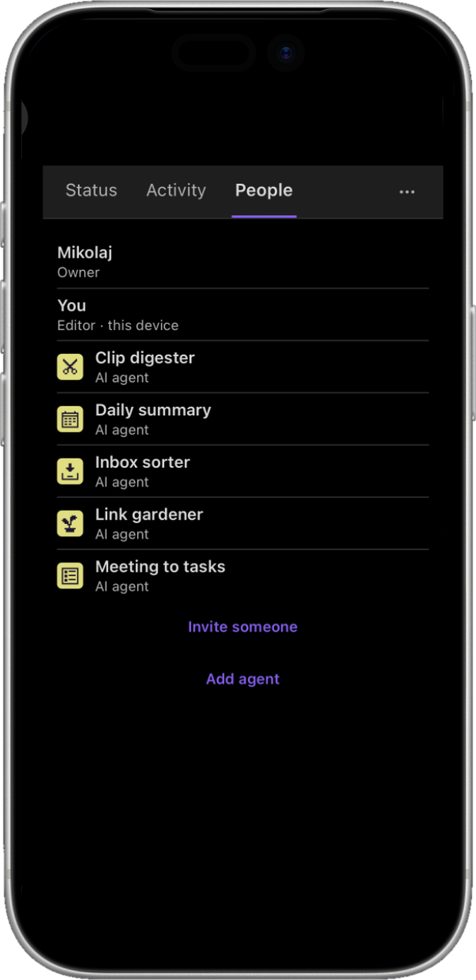 Havemind People tab on an iPhone listing members and AI agents