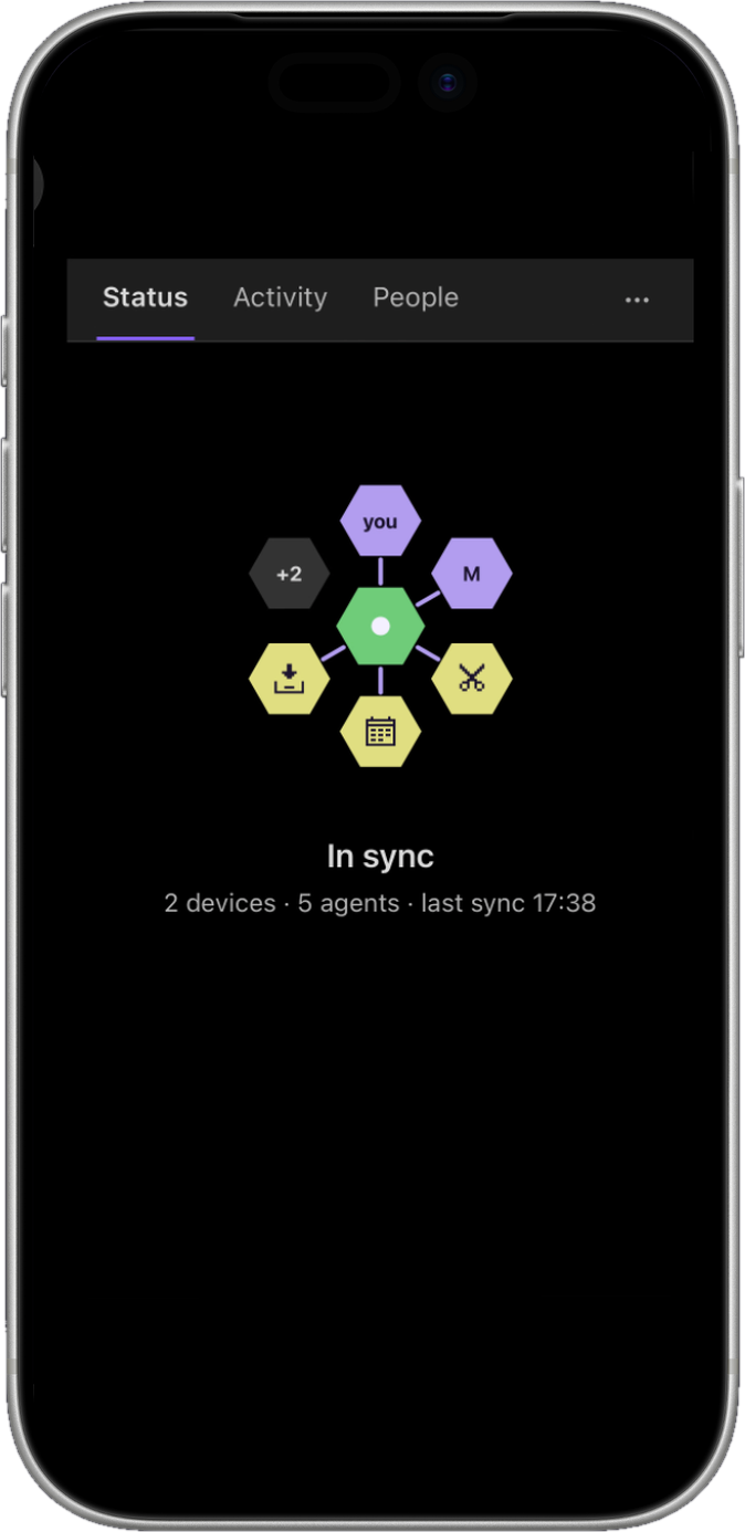 Havemind Status tab on an iPhone, with three devices and five agents