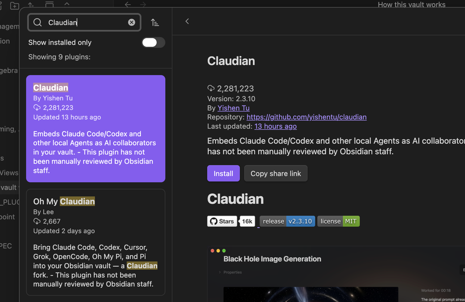 Obsidian community plugin browser showing the Claudian plugin with its Install button