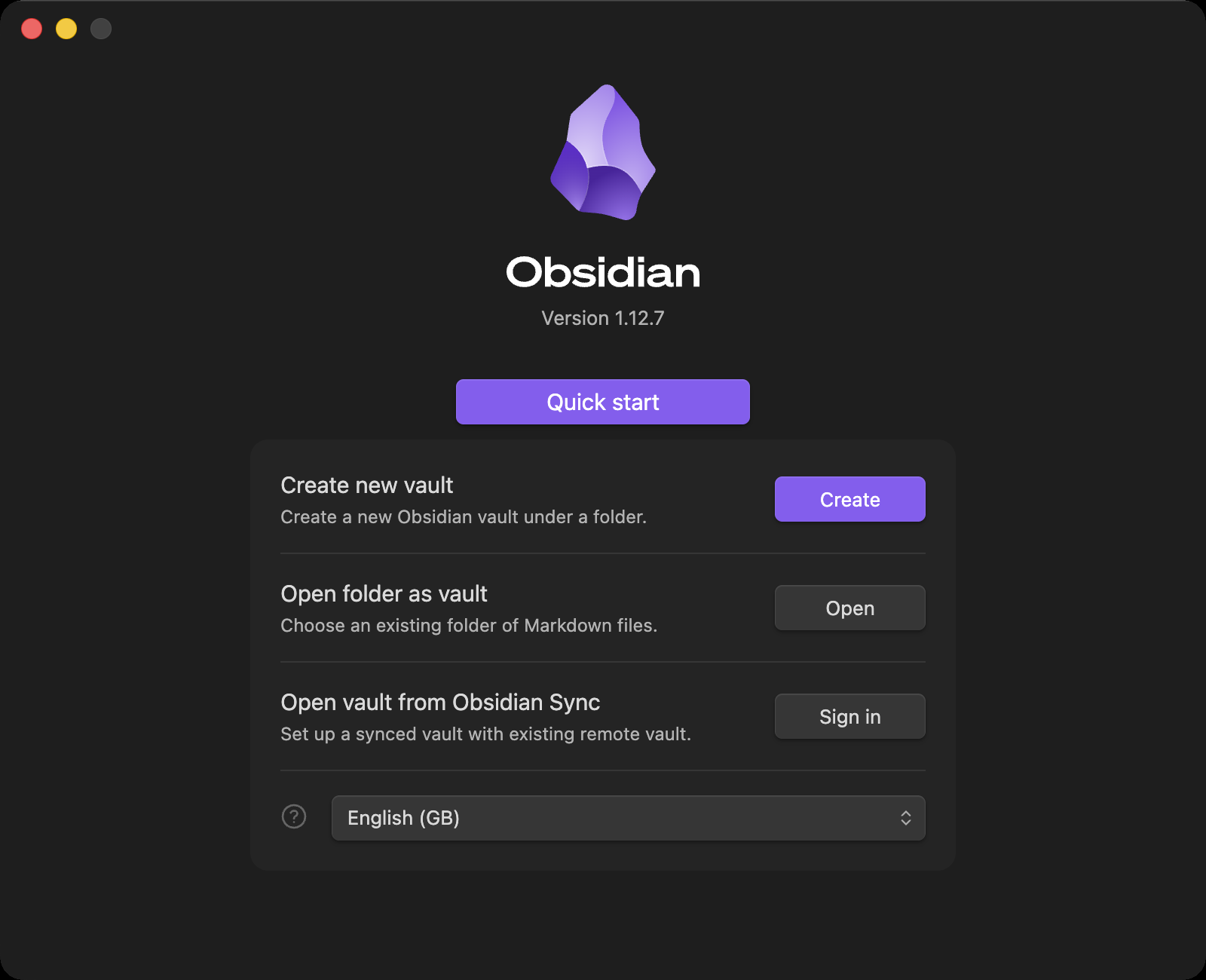 Obsidian welcome screen with Create new vault, Open folder as vault and Open vault from Obsidian Sync