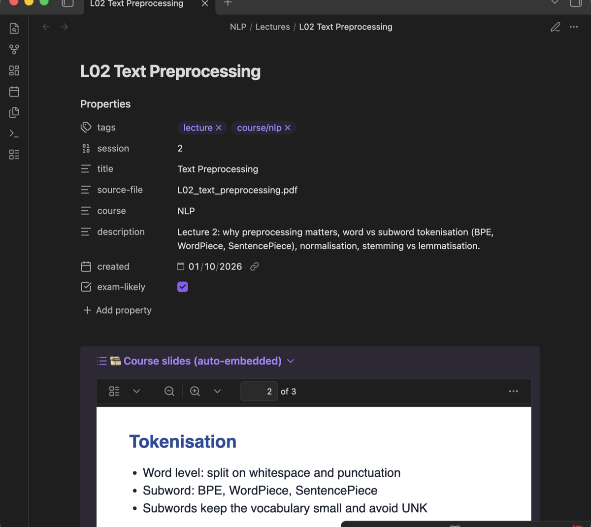 A lecture note in Obsidian with properties and the course slides embedded inline