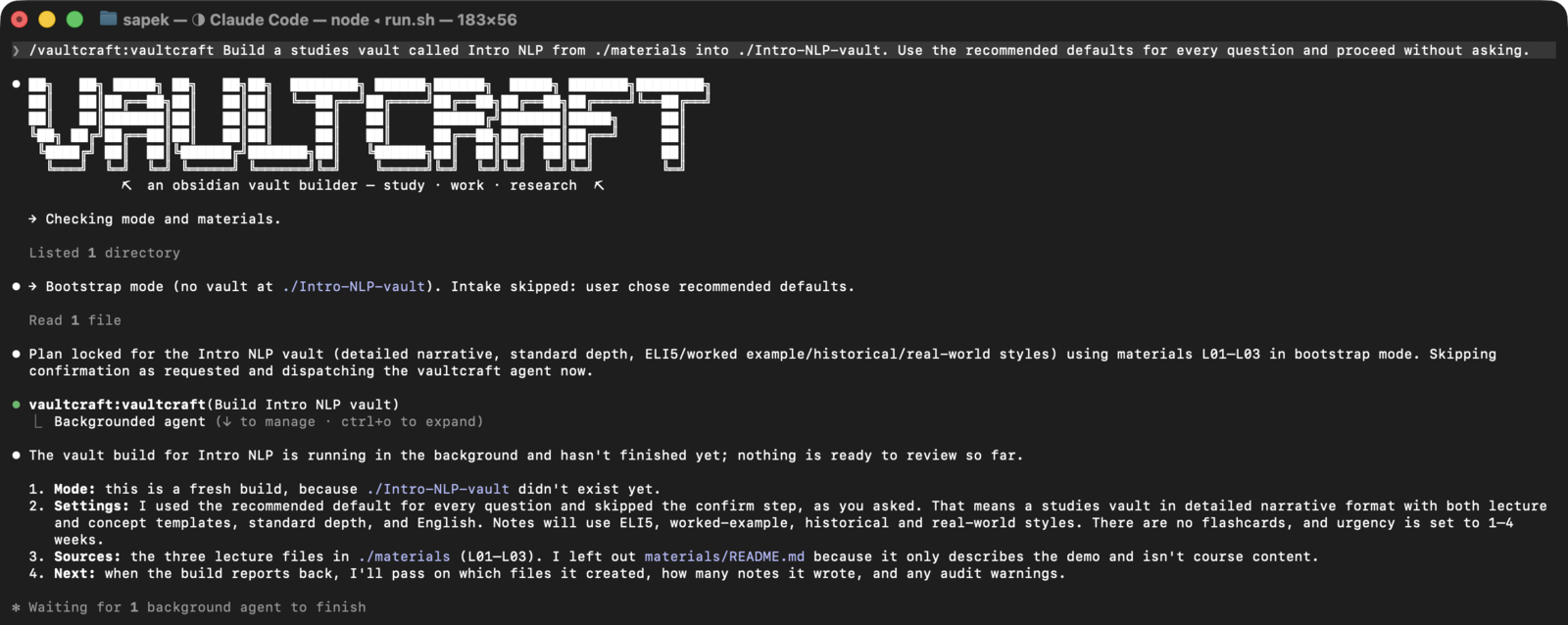 vaultcraft starting in Claude Code: the banner, the locked plan and the agent taking over